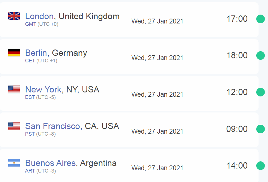 Time zone differences Argentina US New York San Francisco Berlin London